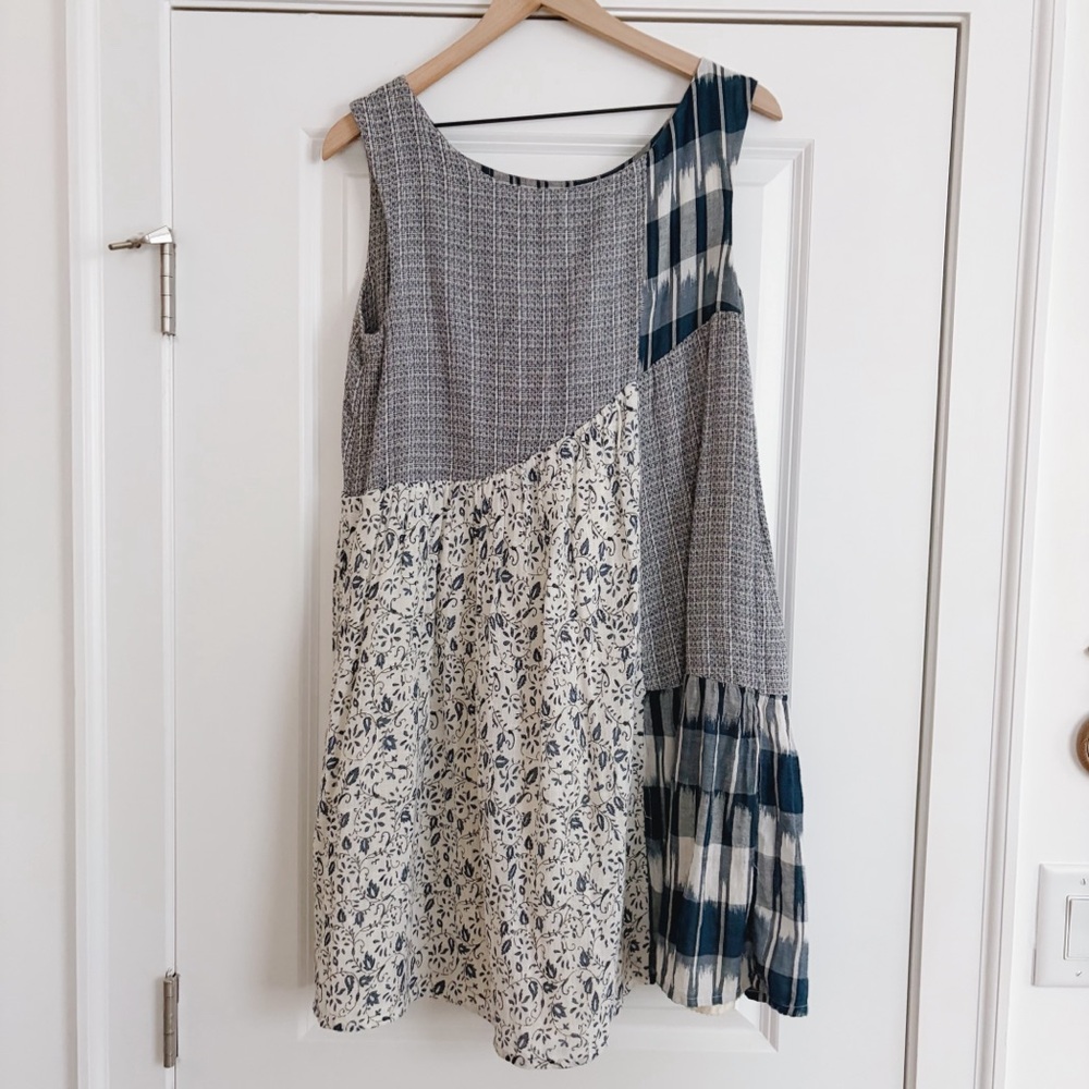 Anthropologie Patchwork Sleeveless Dress - Blue and White